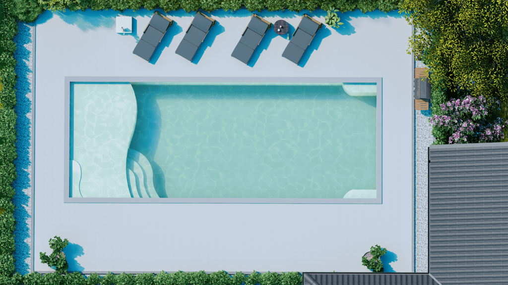 River Pool's D-series fiberglass swimming pool layout.